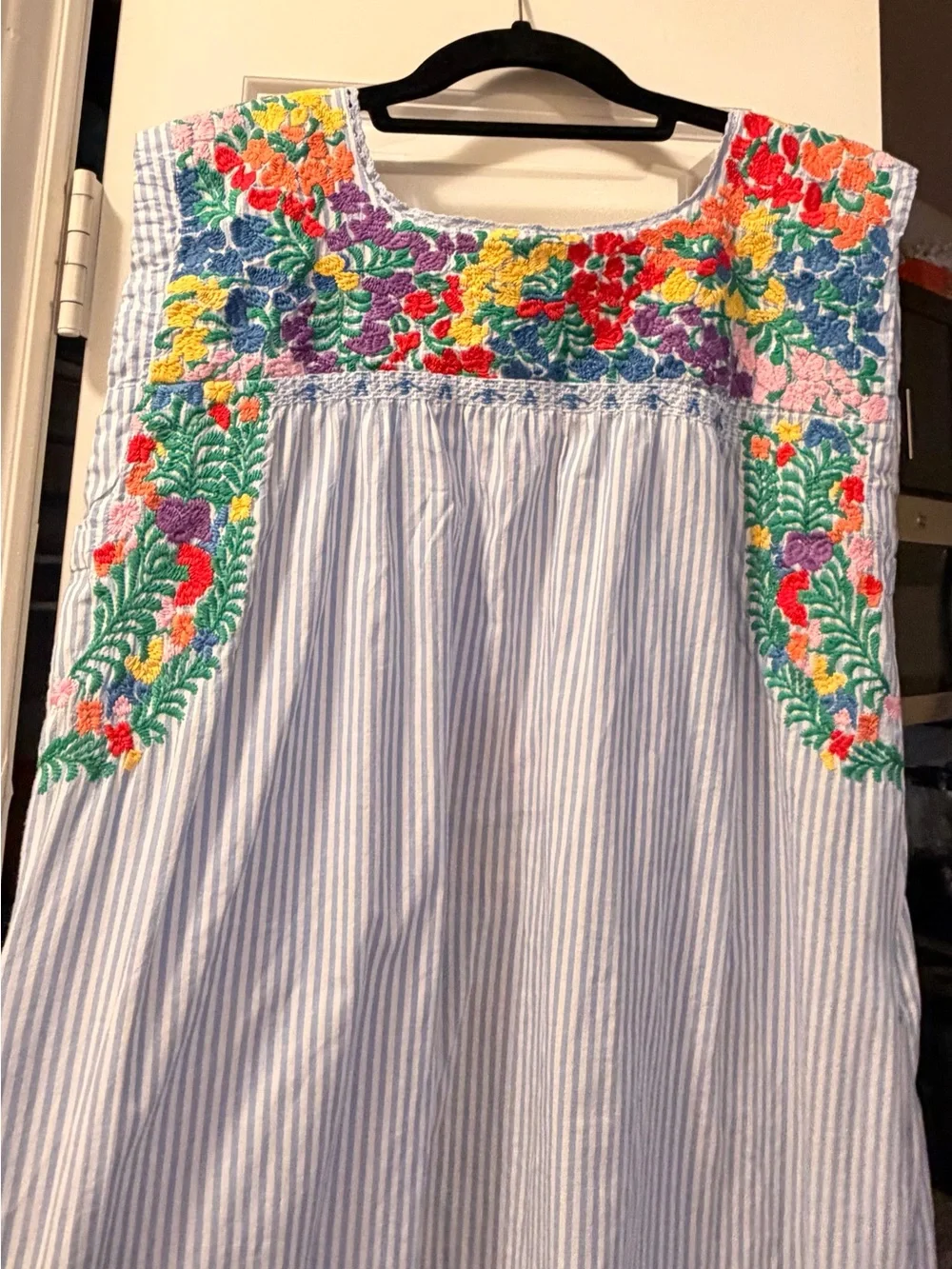 J. Marie Light Blue Striped Dress with Multicolor Floral Embroidery - Picture 8 of 8